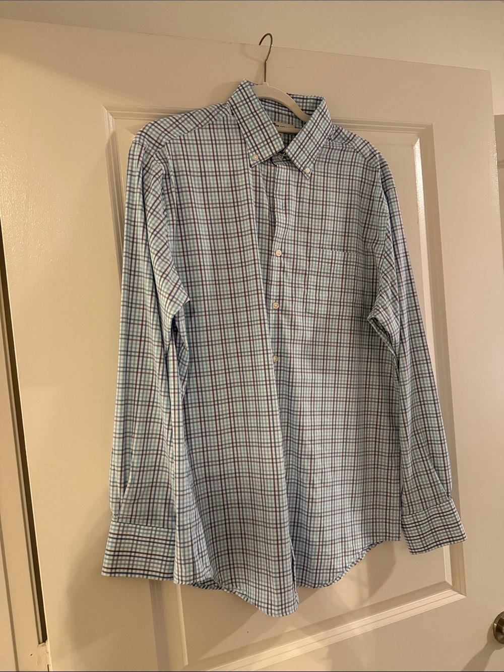 Classic Men's Light Blue Plaid Peter Millar Button-Down Shirt. Summer Comfort